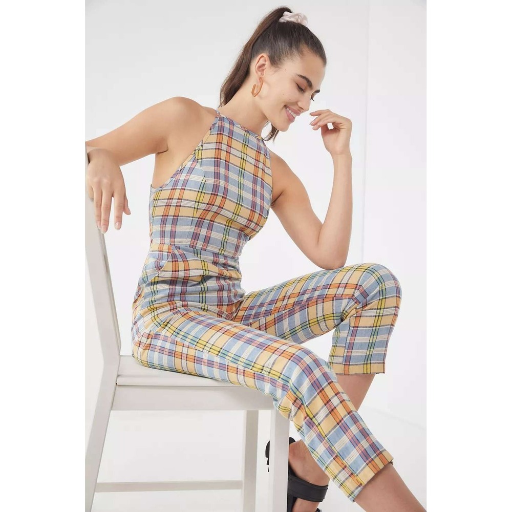 Urban Outfitters Plaid Halter Hattie High-Neck Linen Jumpsuit 6 Linen 90s Summer